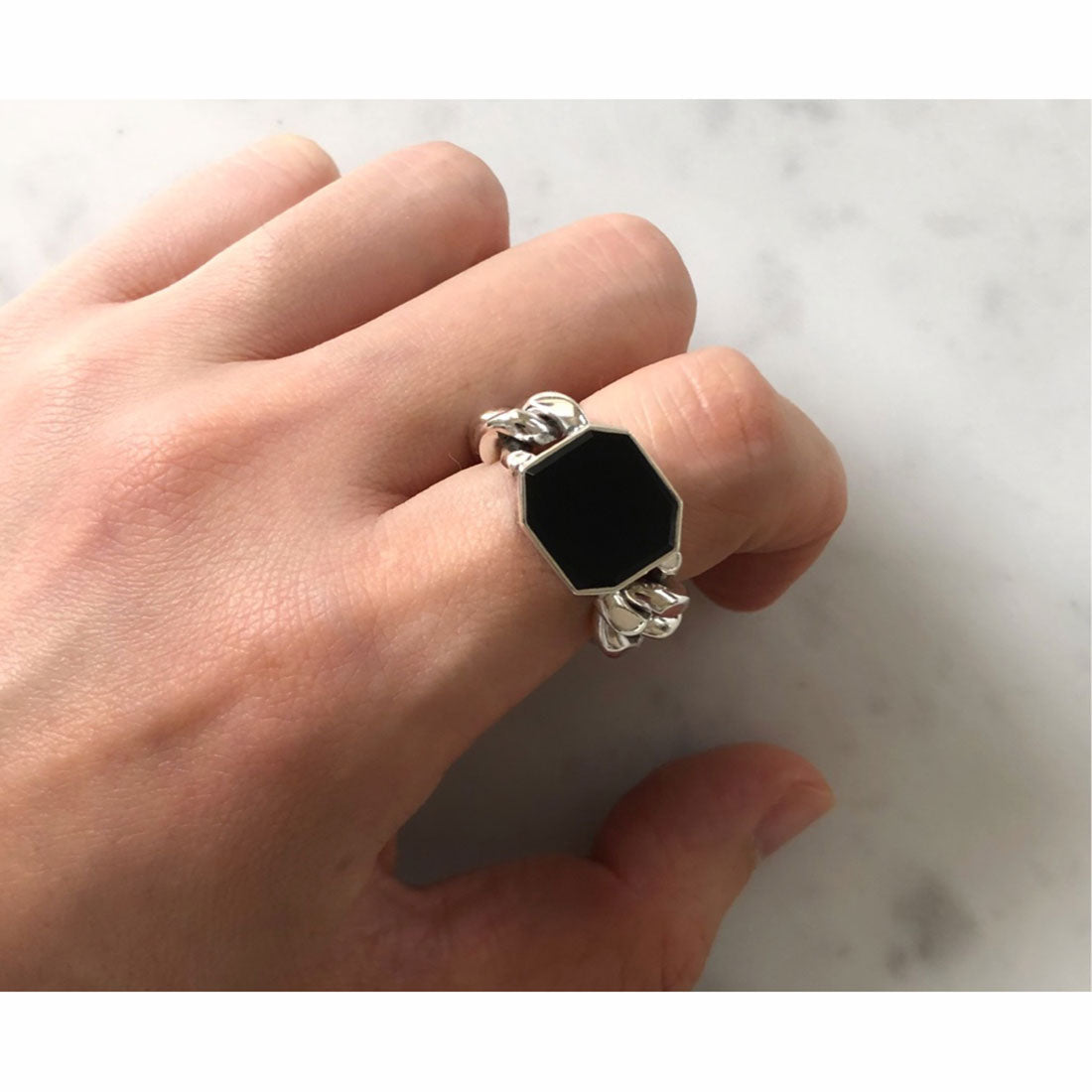 silver シルバー925 Ring チェーンリング Curb Chain カーブチェーン Onyx オニキス 着用