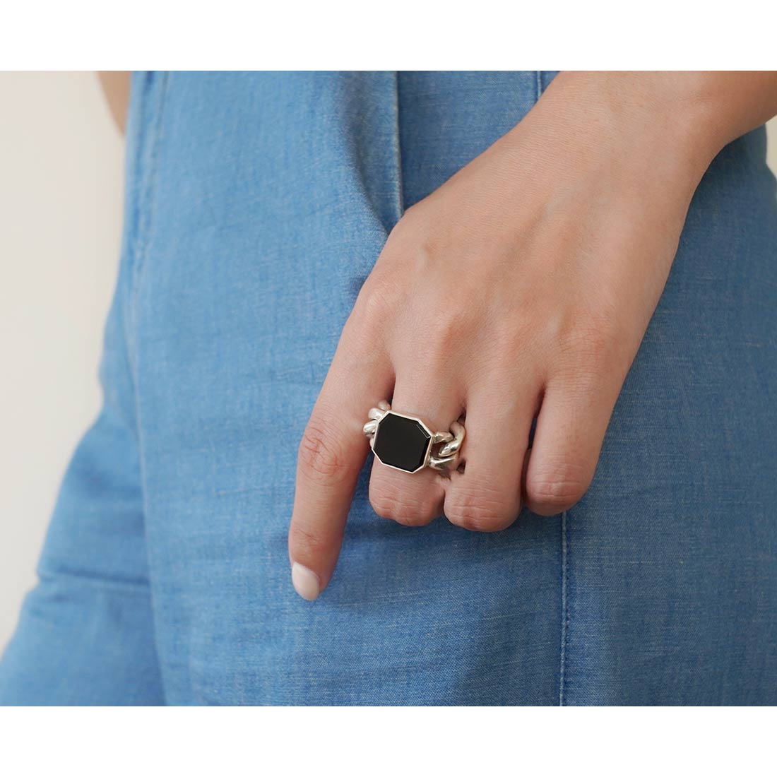silver シルバー925 Ring チェーンリング Curb Chain カーブチェーン Onyx オニキス 着用