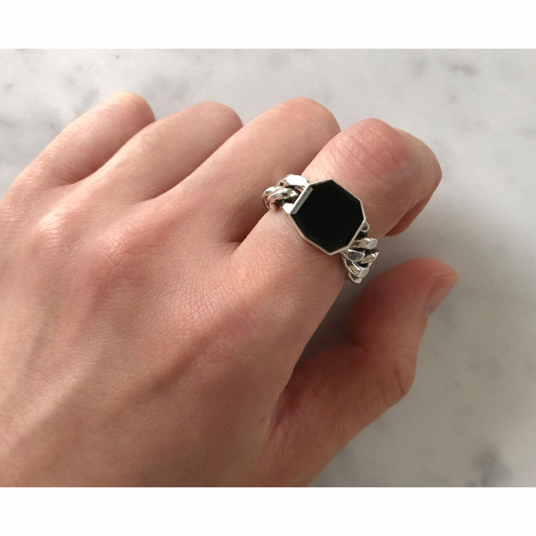 silver シルバー925 Ring チェーンリング Curb Chain カーブチェーン Onyx オニキス 着用