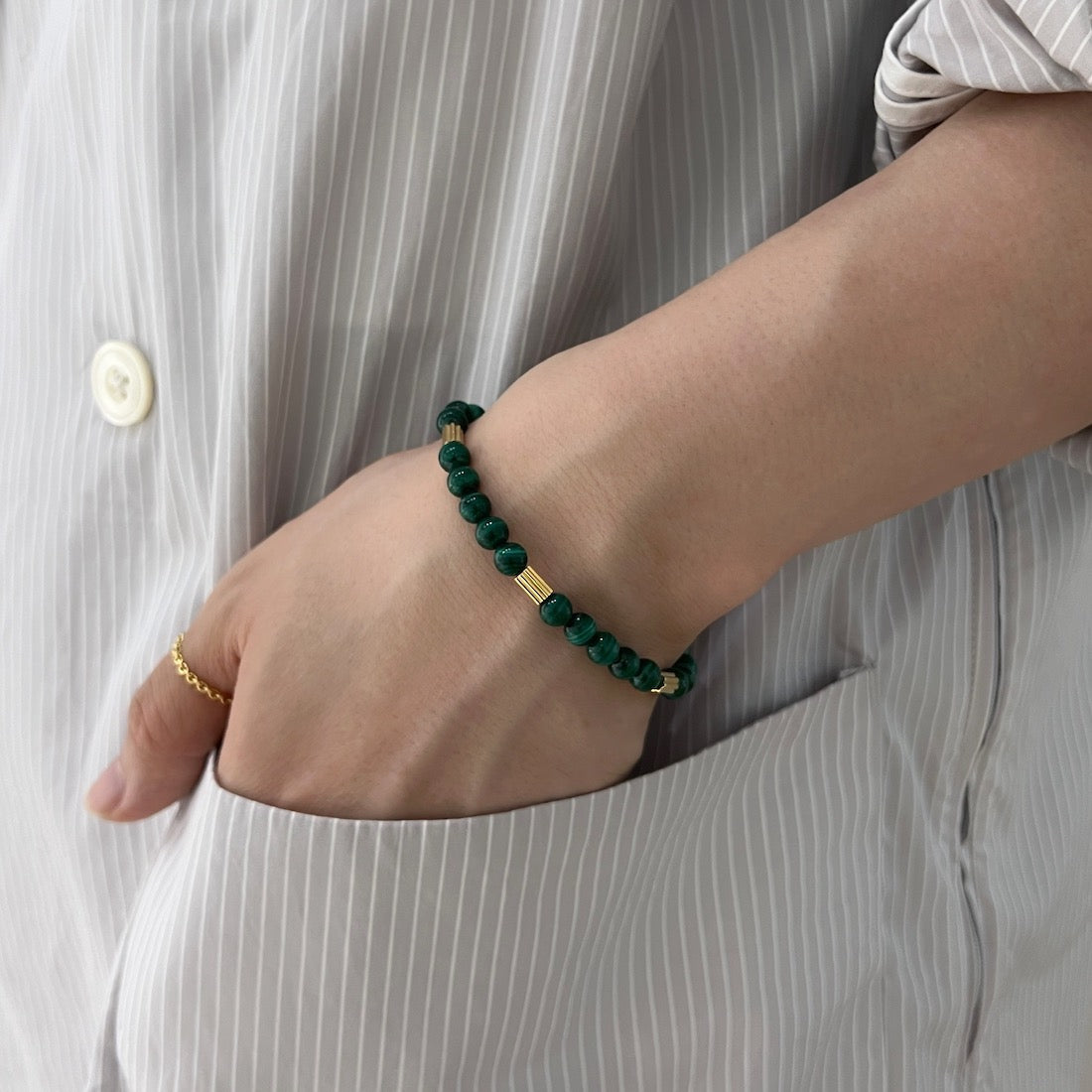 18K　Bracelet　Malachite　ブレスレット　天然石　マラカイト　着用