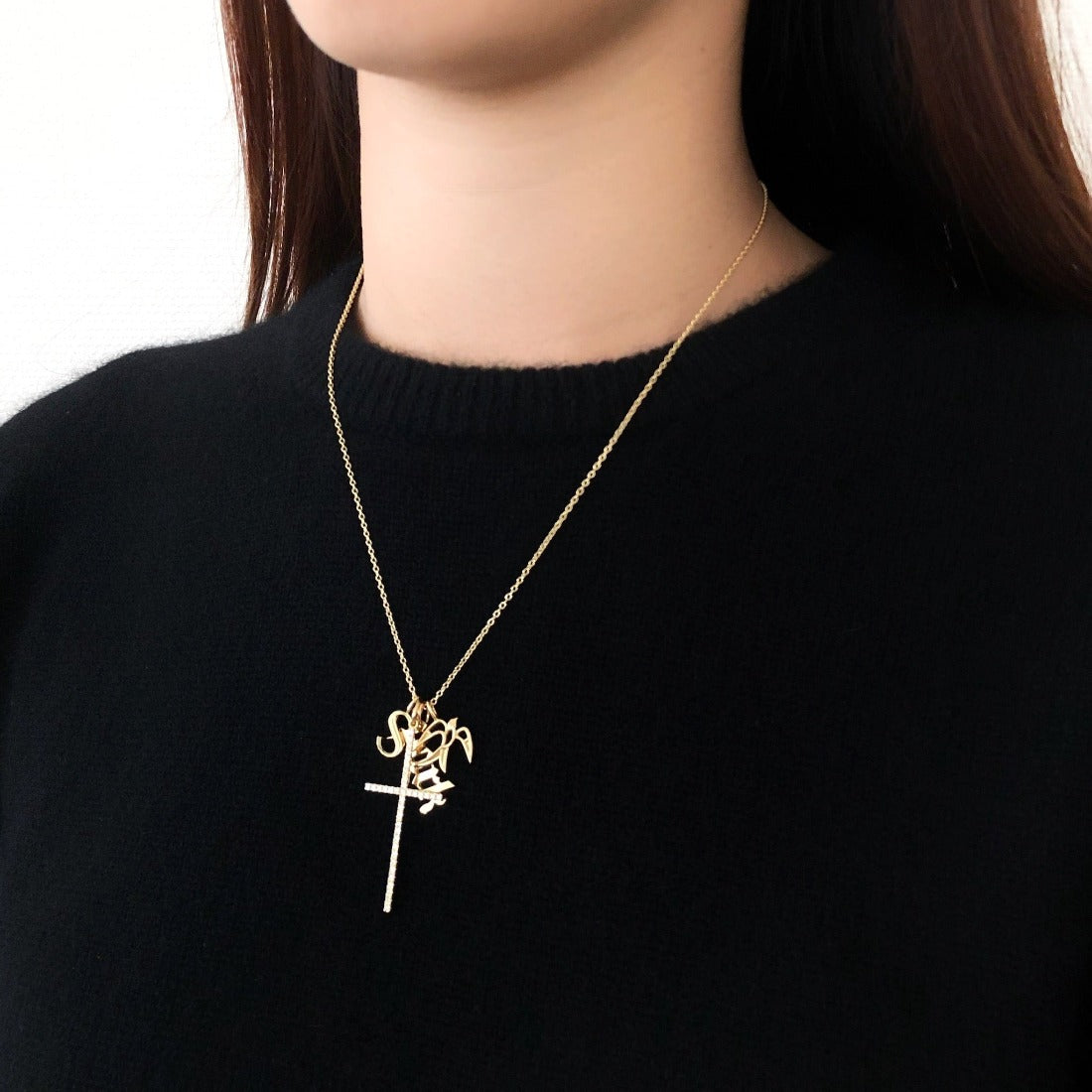 18K Gray Diamond グレーダイアモンド Cross クロス Charm チャーム ホワイトゴールド コーディネート